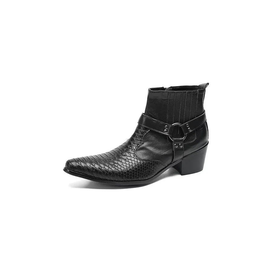 Luxury Serpent Black Leather Party Ankle Boots