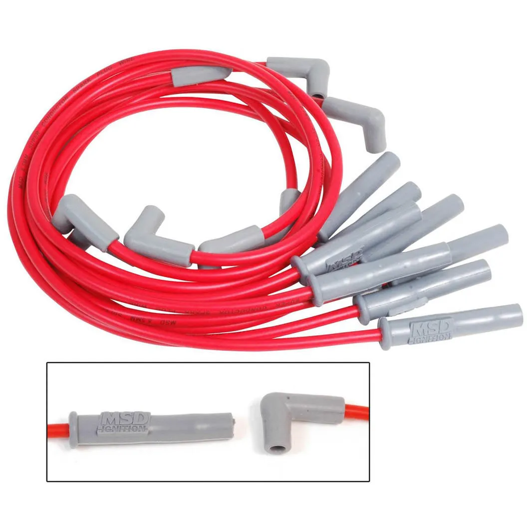 MSD Custom Fit Super Conductor Spark Plug Wire Set - Fits 1979-85 Ford 302 (5.0L) Cars - 90 HEI Distributor Boots & Terminals, Multi-Angle Spark Plug Boots & Terminals
